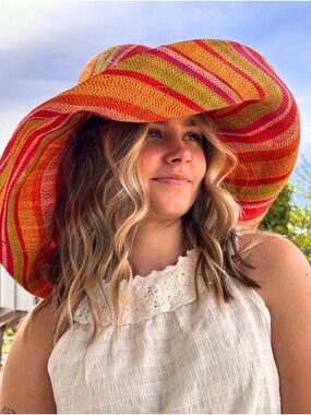 Monica by Shebobo Wide Brim Stripe Packable Straw Sun Hat Sunrise Colors